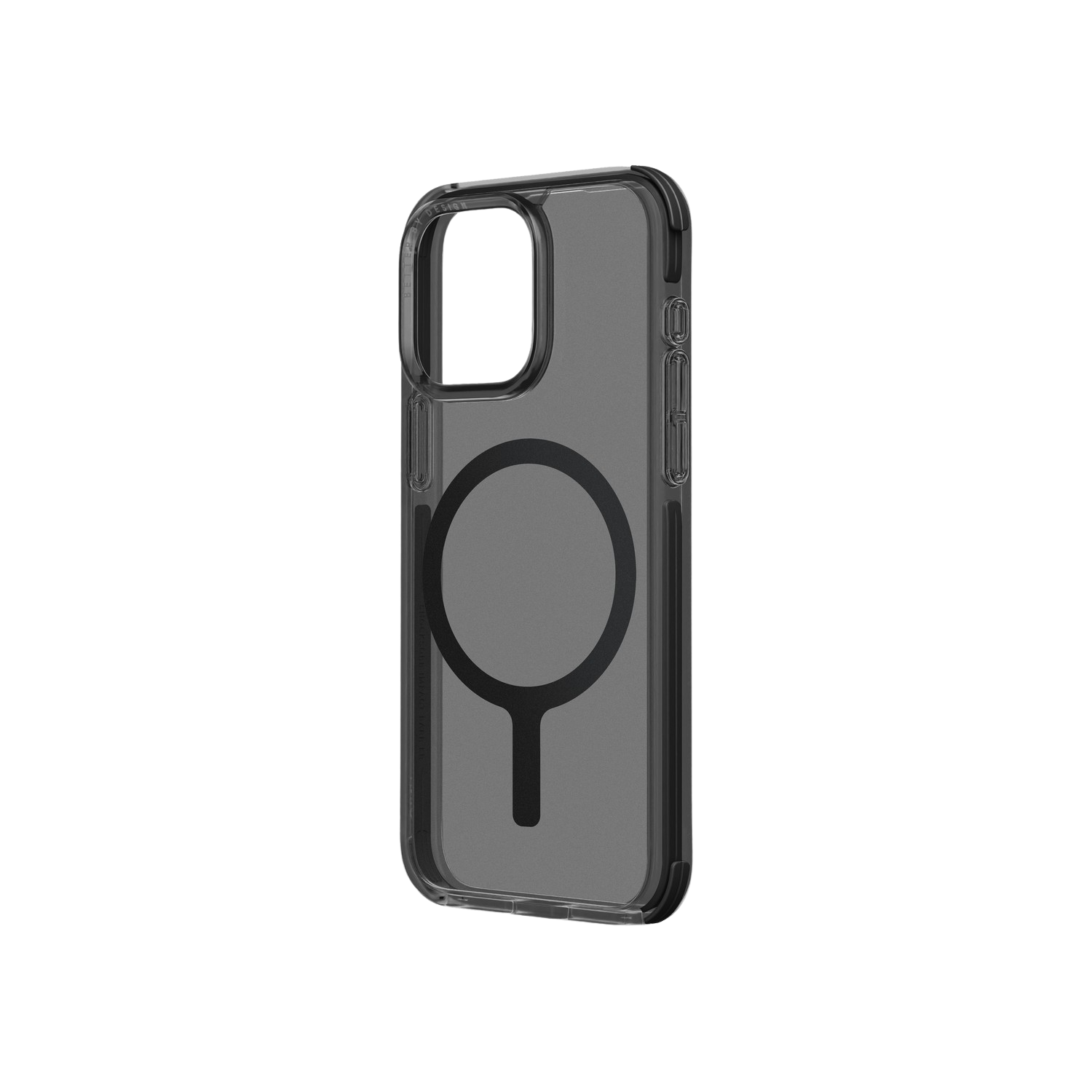 Transparante iPhone-hoes met MagSafe-ring, op een zwarte achtergrond.