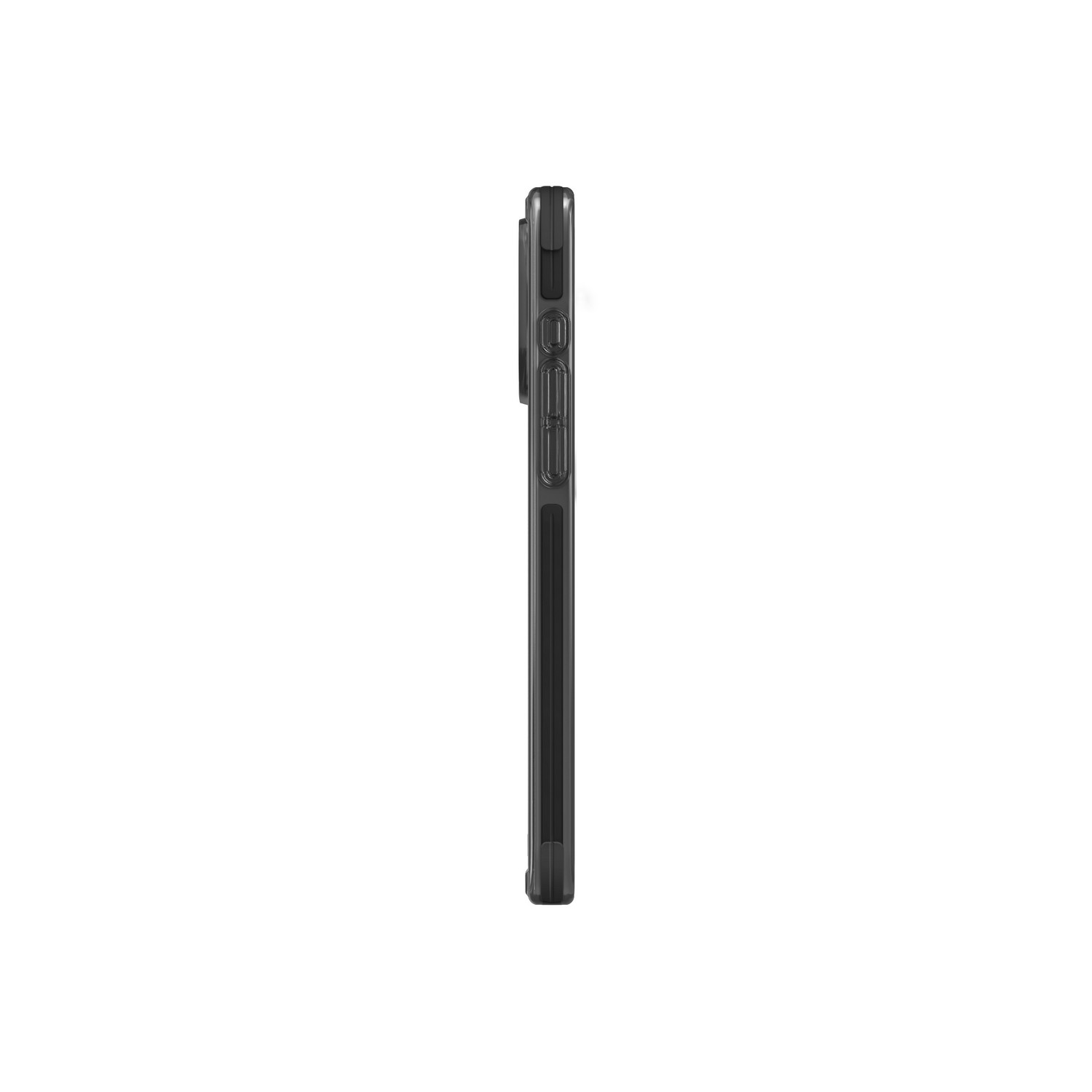 Zijaanzicht van een zwarte smartphone, met een camerabult, op een witte achtergrond.