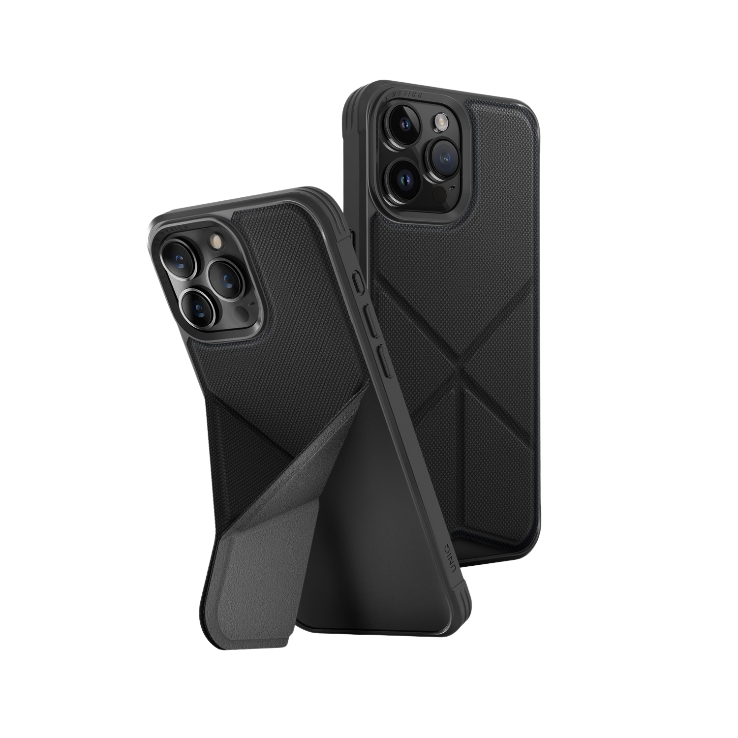 Coques de téléphone noires. Deux coques sont présentées ; l'une est ouverte, affichant la texture intérieure, l'autre face.