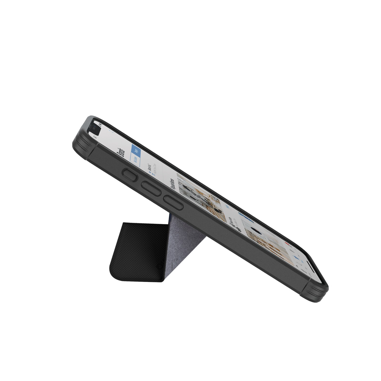 Téléphone noir avec étui, posé sur un support. L'écran est visible, affichant du contenu.