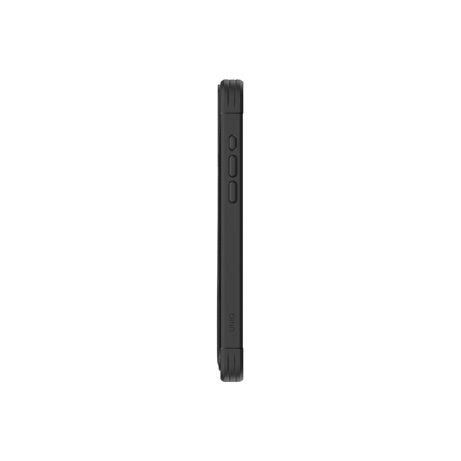 Coque de téléphone noire avec profil latéral texturé et marque UNIQ.