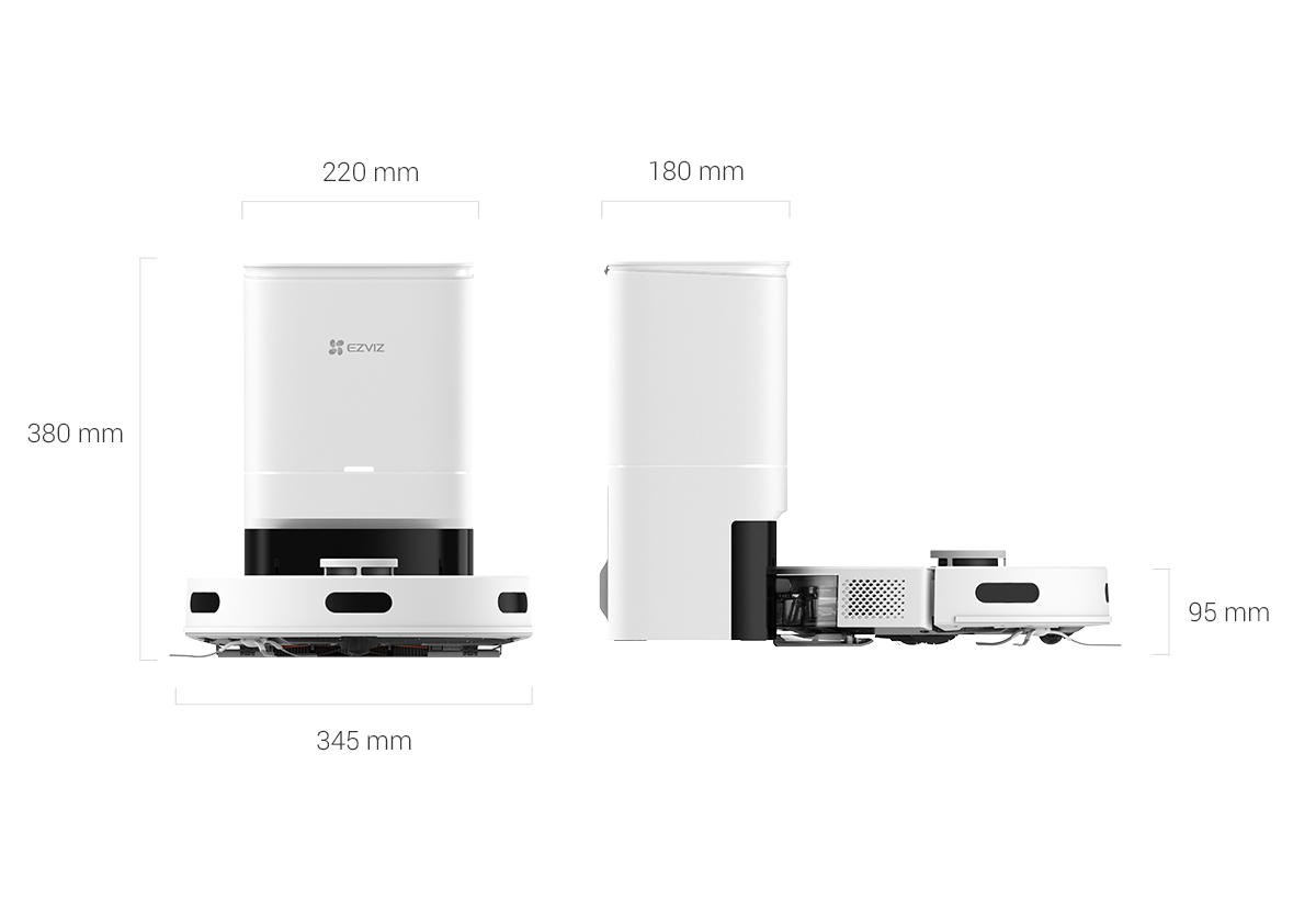 Robotporszívó és töltőállomás diagramja, méretekkel.