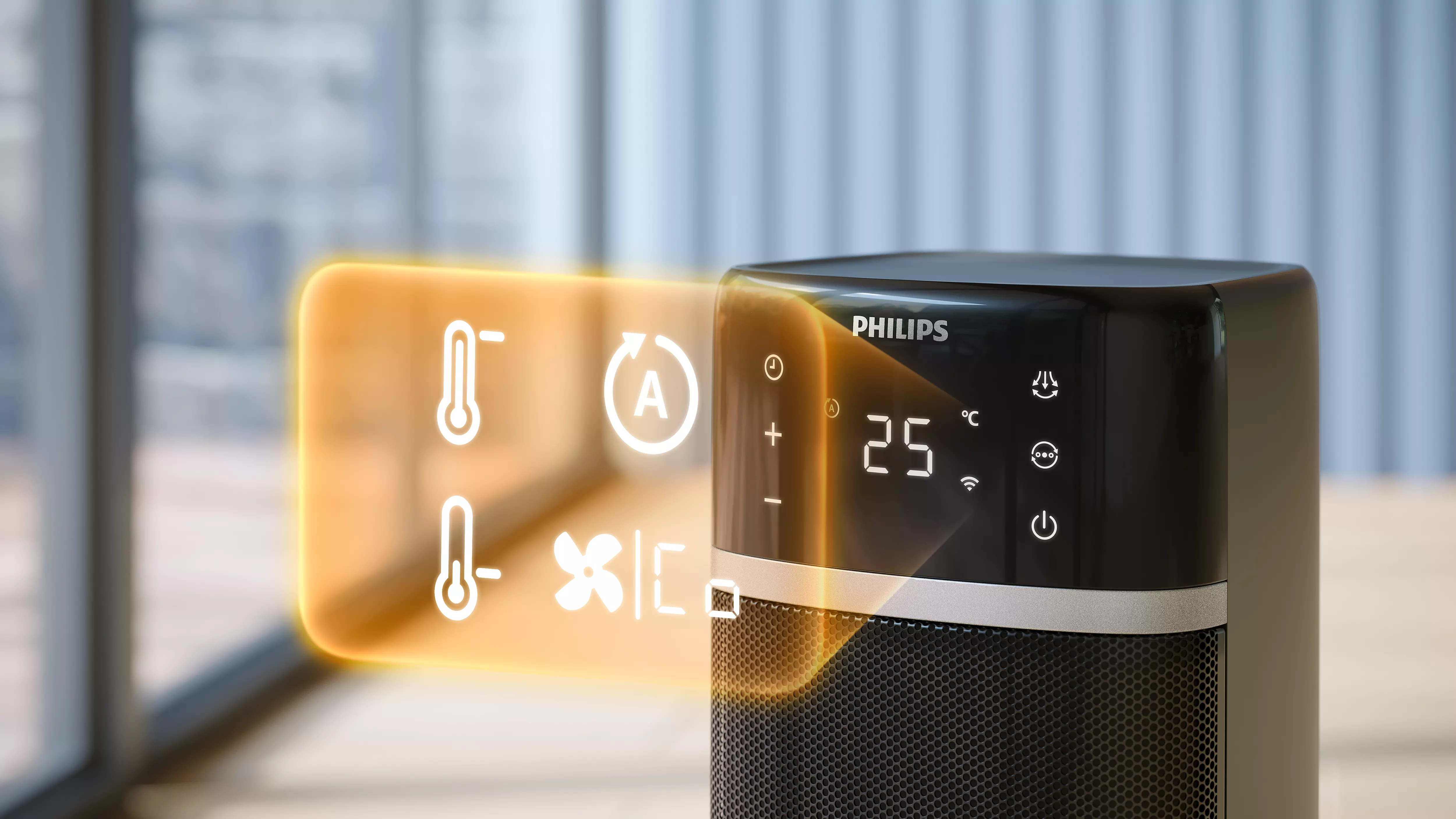 Ein schwarzer Philips Luftreiniger mit Anzeige von Temperatur und Einstellungen, mit Symbolen.