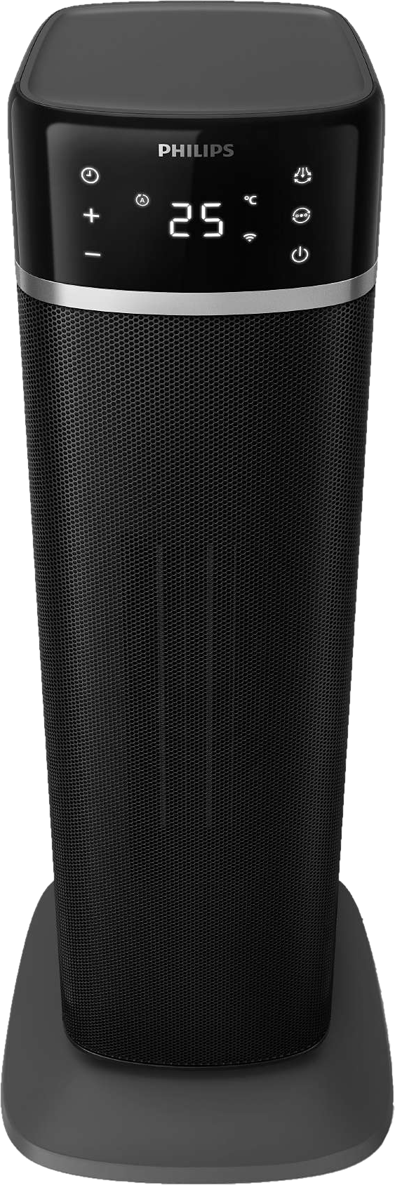 Schwarzer Philips Turmheizkörper. Digitalanzeige zeigt 25°C. Bedienelemente für Temperatur, Timer und Leistung.
