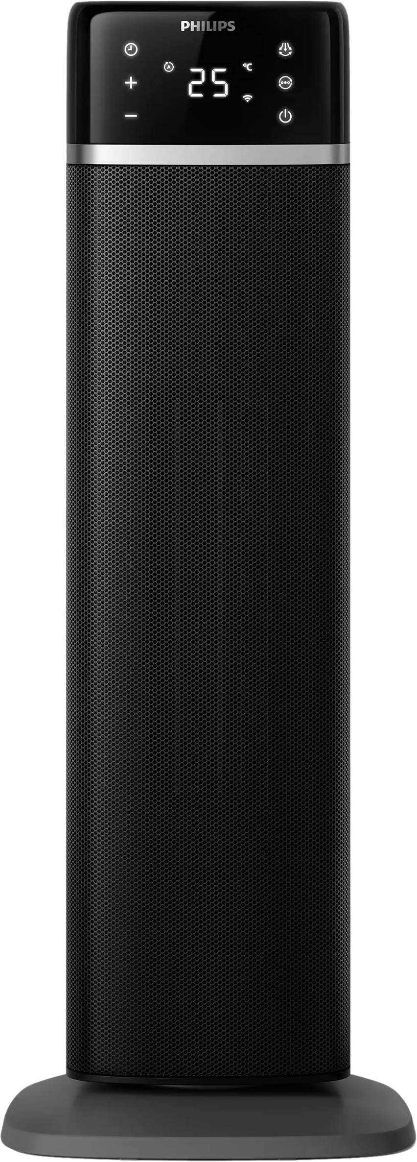 Schwarzer Turmheizer mit Digitalanzeige, Knöpfen und einem Mesh-Front.