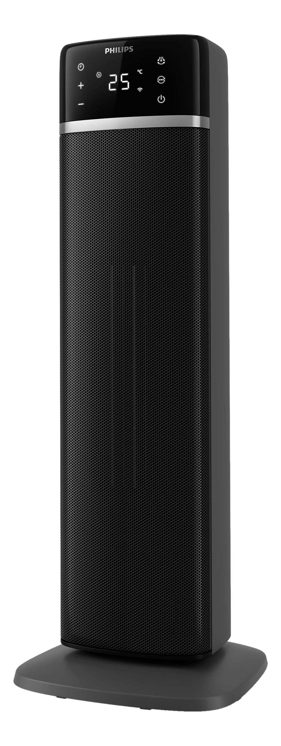 Ein schwarzer Philips Turmheizkörper mit Digitalanzeige und einem Gitter auf der Vorderseite.
