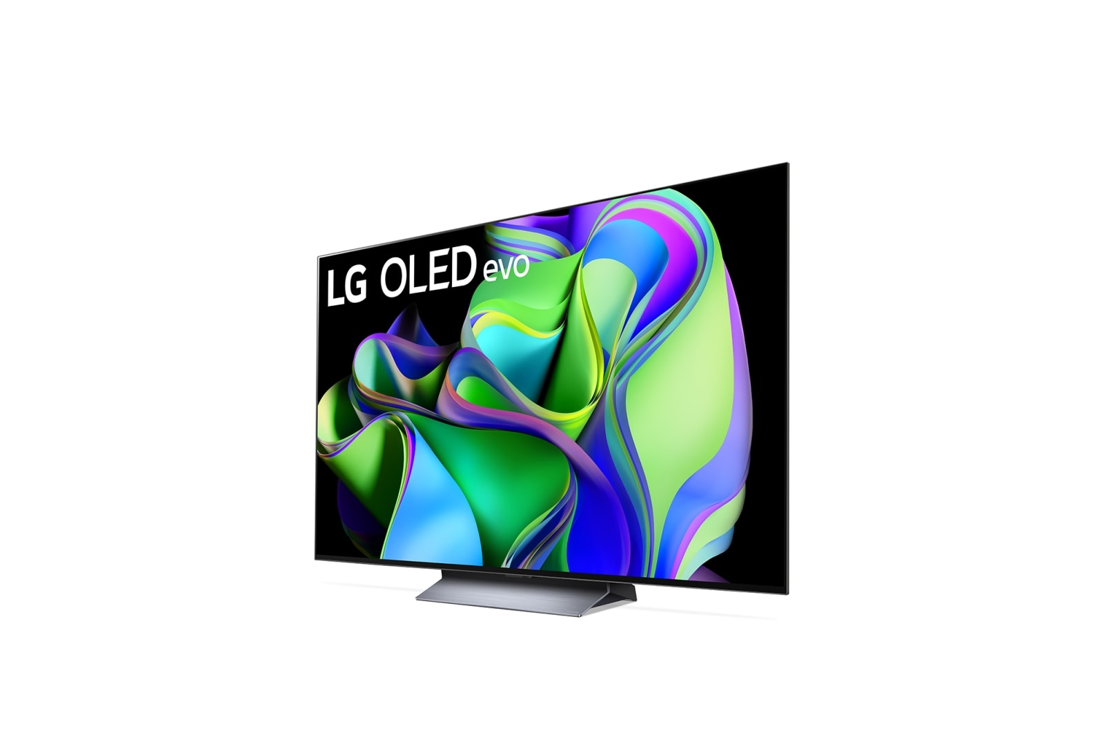 Diagonale Ansicht eines LG OLED evo TVs mit farbenfroher abstrakter Kunst auf weißem Hintergrund.