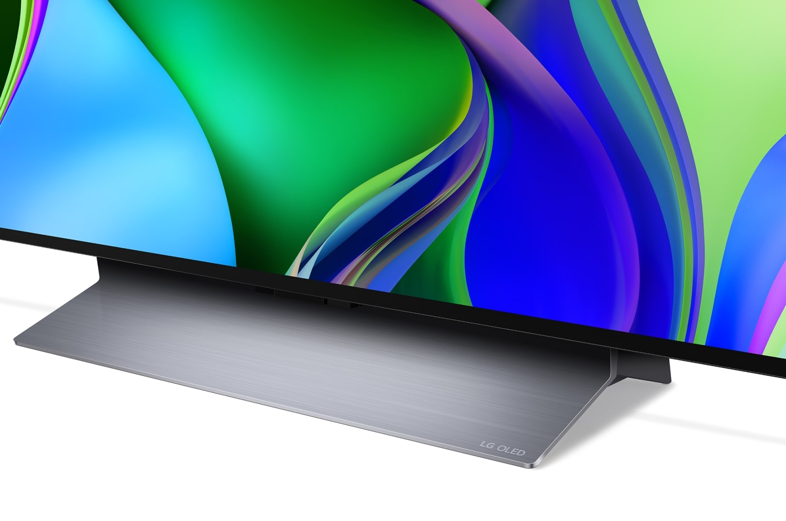 LG OLED TV-Basis; silber, mit dem LG OLED-Logo sichtbar.