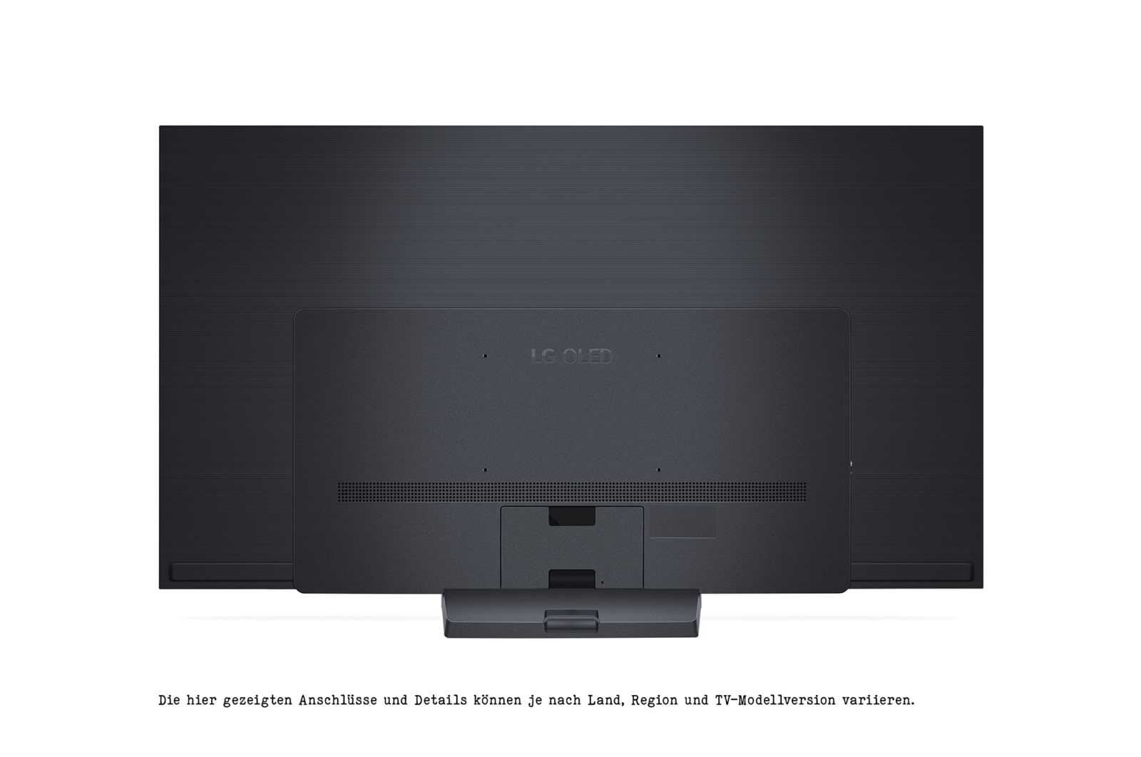 Die Rückseite eines schwarzen LG OLED-Fernsehers mit Anschlüssen und einem Ständer. Text unten sagt, Details können variieren.