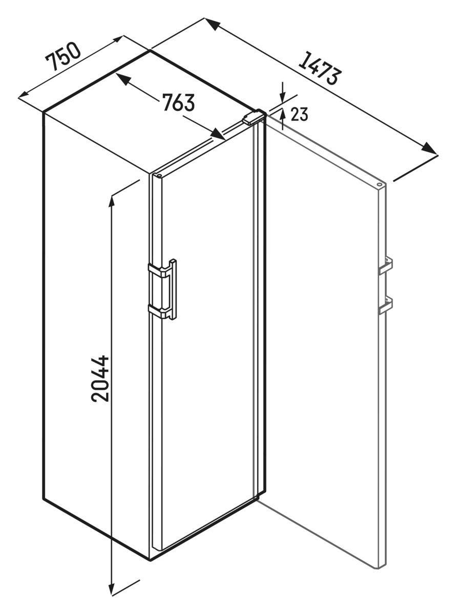 Ein Diagramm eines Schranks mit Maßangaben in Millimetern.