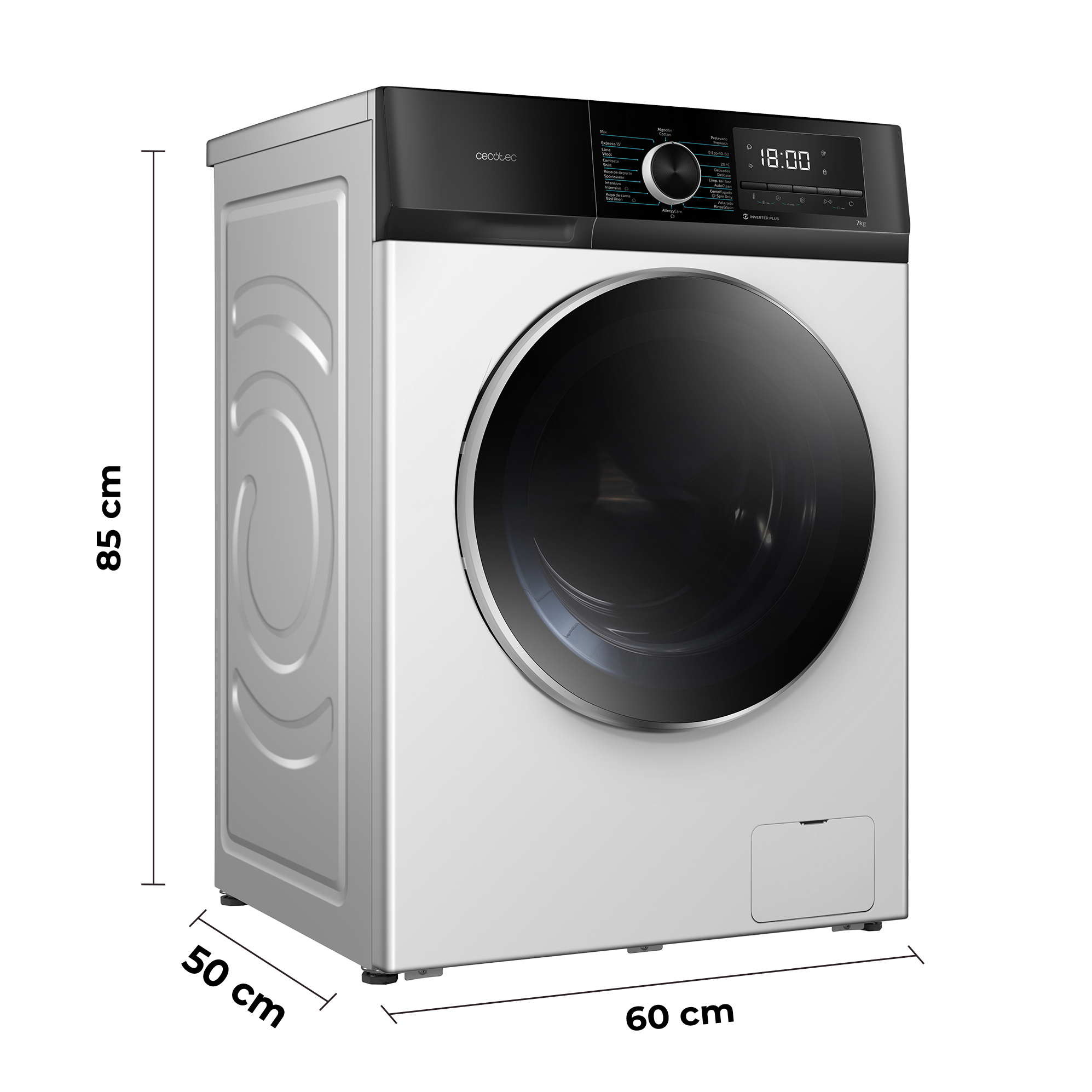 Lavadora blanca con panel superior y puerta negros. Muestra la hora en la pantalla.