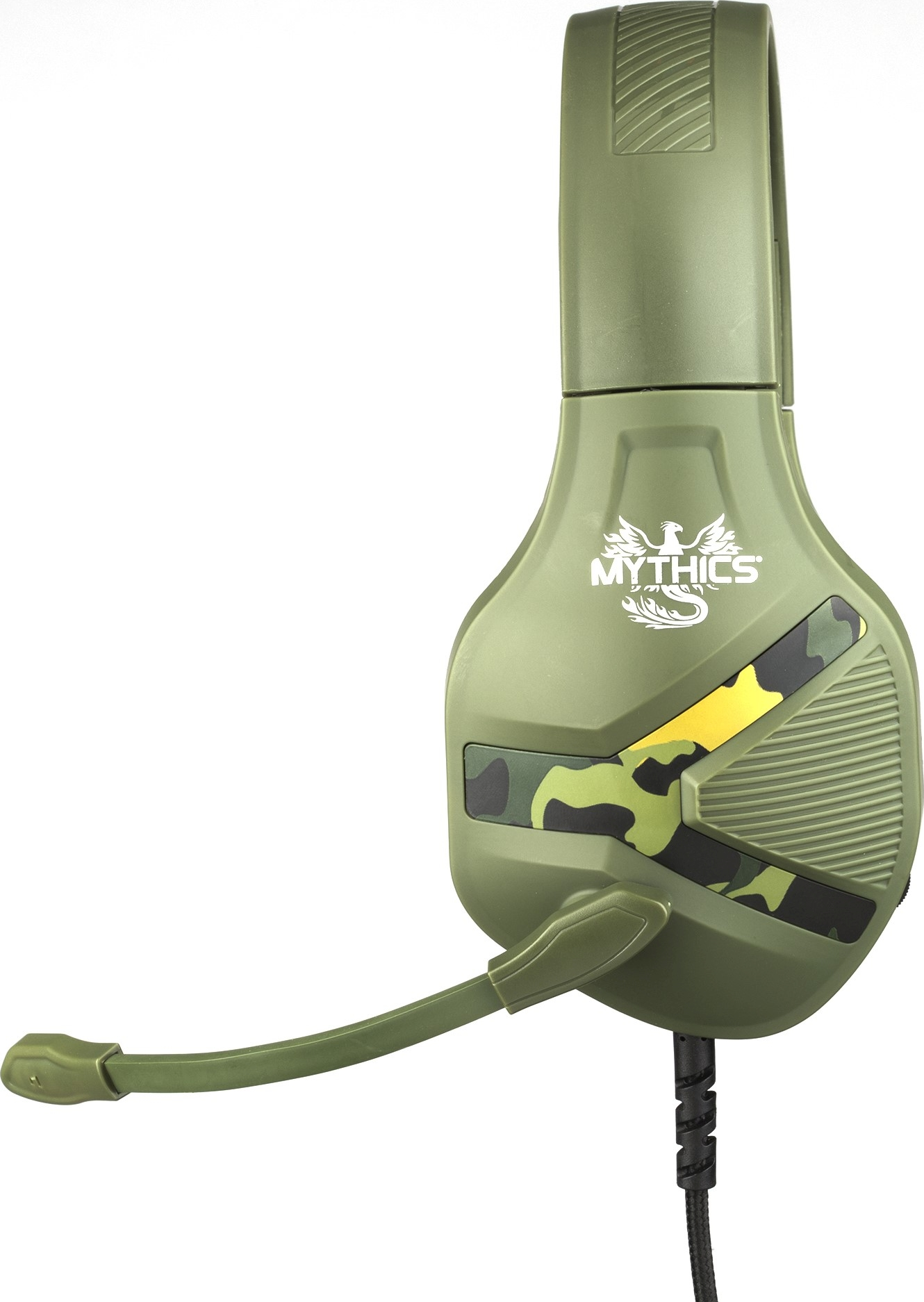 Grünes und tarnfarbenes Gaming-Headset mit Mikrofon, weißer Hintergrund.