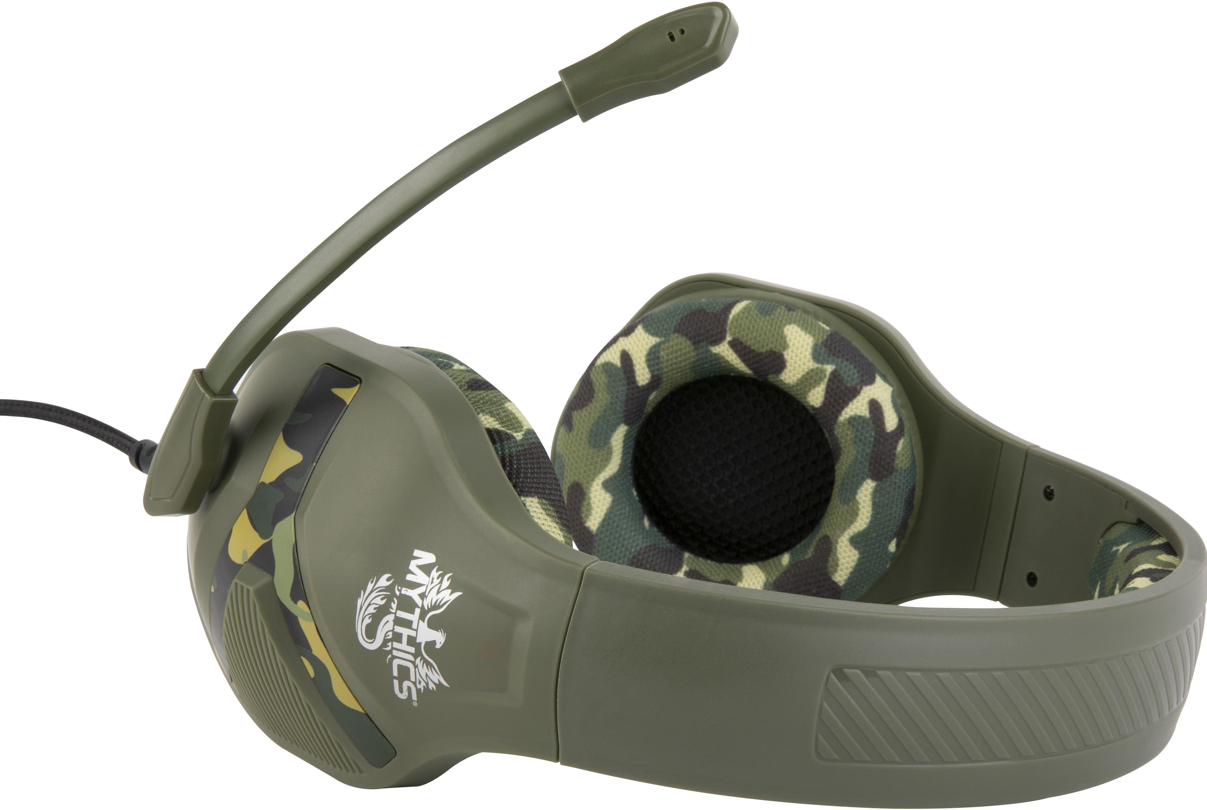 Gaming-Headset mit Camo-Ohrmuscheln und Mikrofon, olivgrüne Farbe.