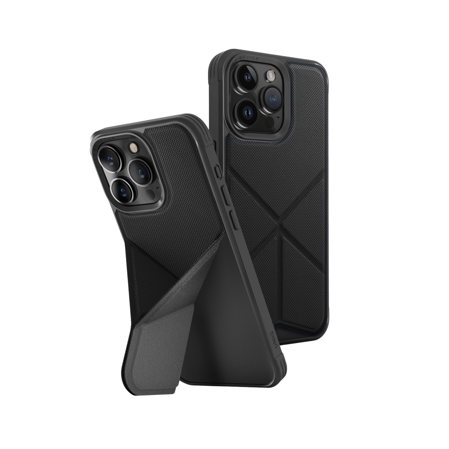 Étuis de téléphone noirs avec motifs texturés, un incliné, l'autre debout, sur fond sombre.