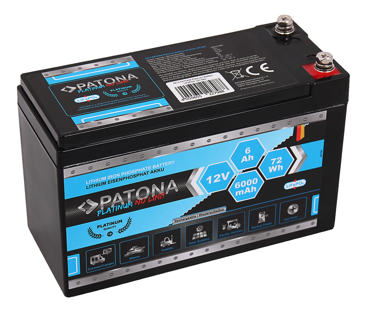 Schwarze rechteckige Patona-Batterie mit blau-weißen Etiketten. Sie befindet sich auf dunkler Oberfläche.