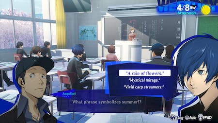 Een klaslokaalscene uit een spel met karakters, tekstvakken en een leraar vooraan.