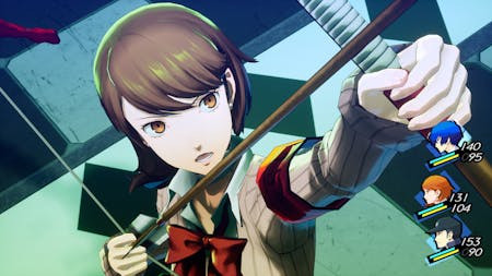 Anime-meisje in schooluniform dat pijl en boog richt. Gezondheidsbalken zijn zichtbaar.