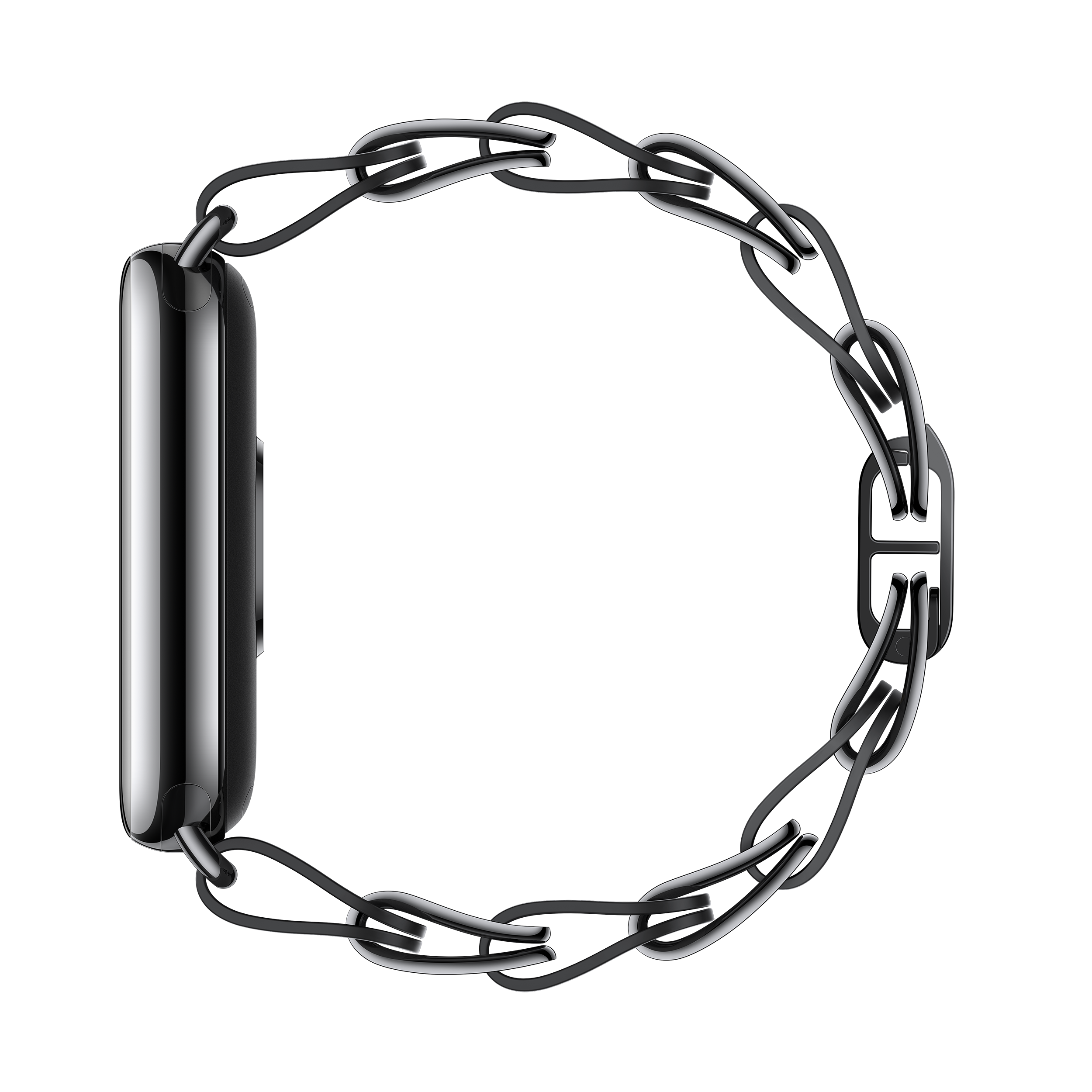 Fekete Apple Watch fekete láncszem karkötővel, fekete háttér előtt, oldalnézet.