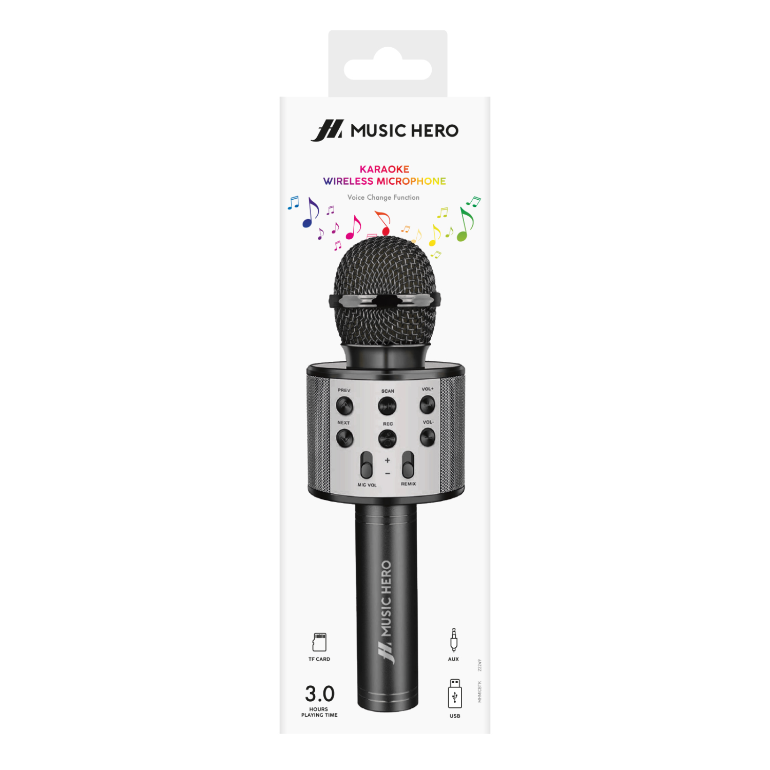 Karaoke wireless microphone in packaging, showing buttons and features.