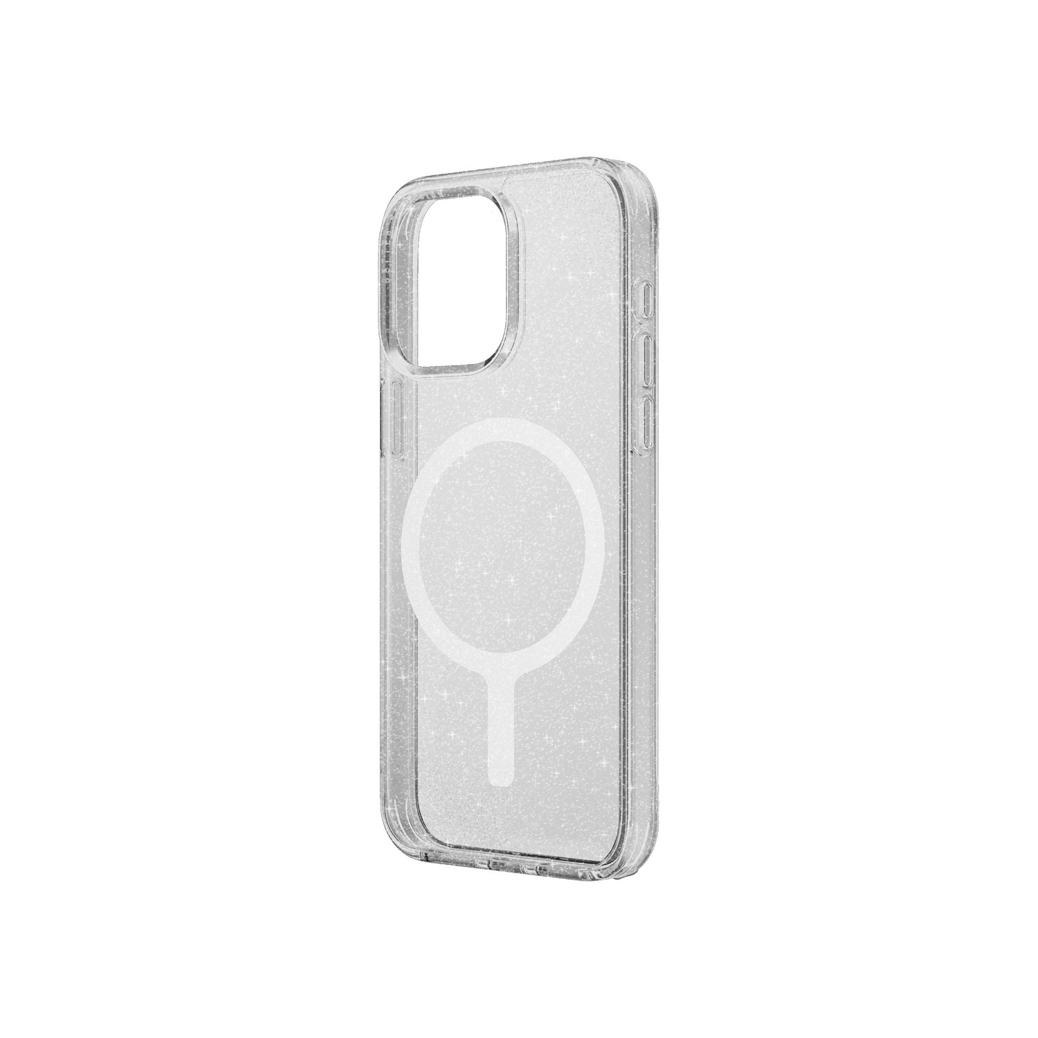 Clear phone case with a circular design, sparkles, and a camera cutout, isolated on white.