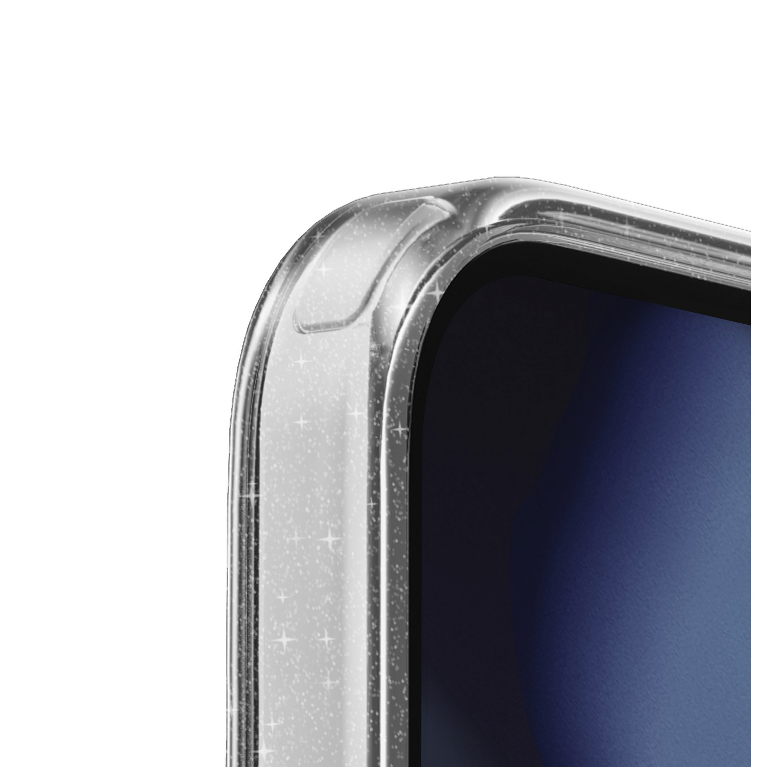 Close-up of the corner of a clear phone case with glitter, on a black phone, white background.