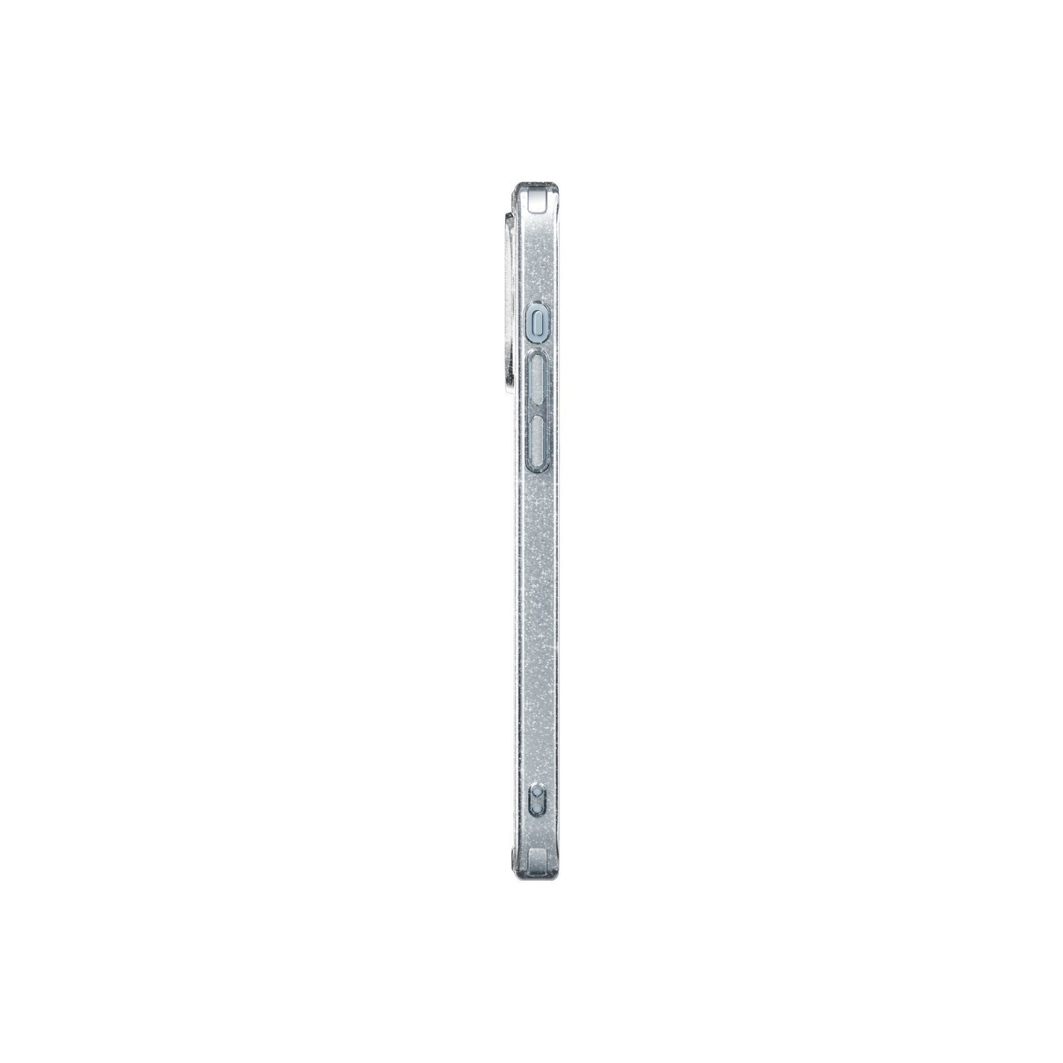 Side view of a silver phone case with a clear, sparkly finish. White background.