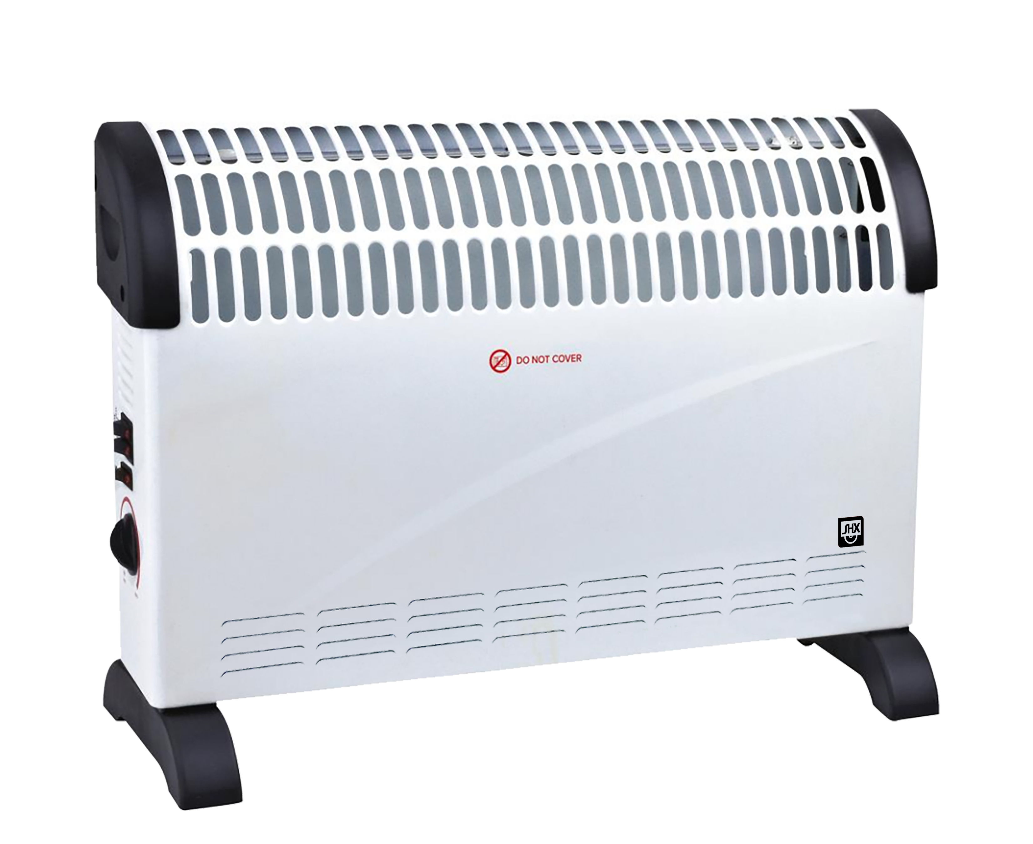 Ein weißer elektrischer Heizlüfter. Er hat eine schwarze Oberseite, schwarze Beine und ein Warnschild.