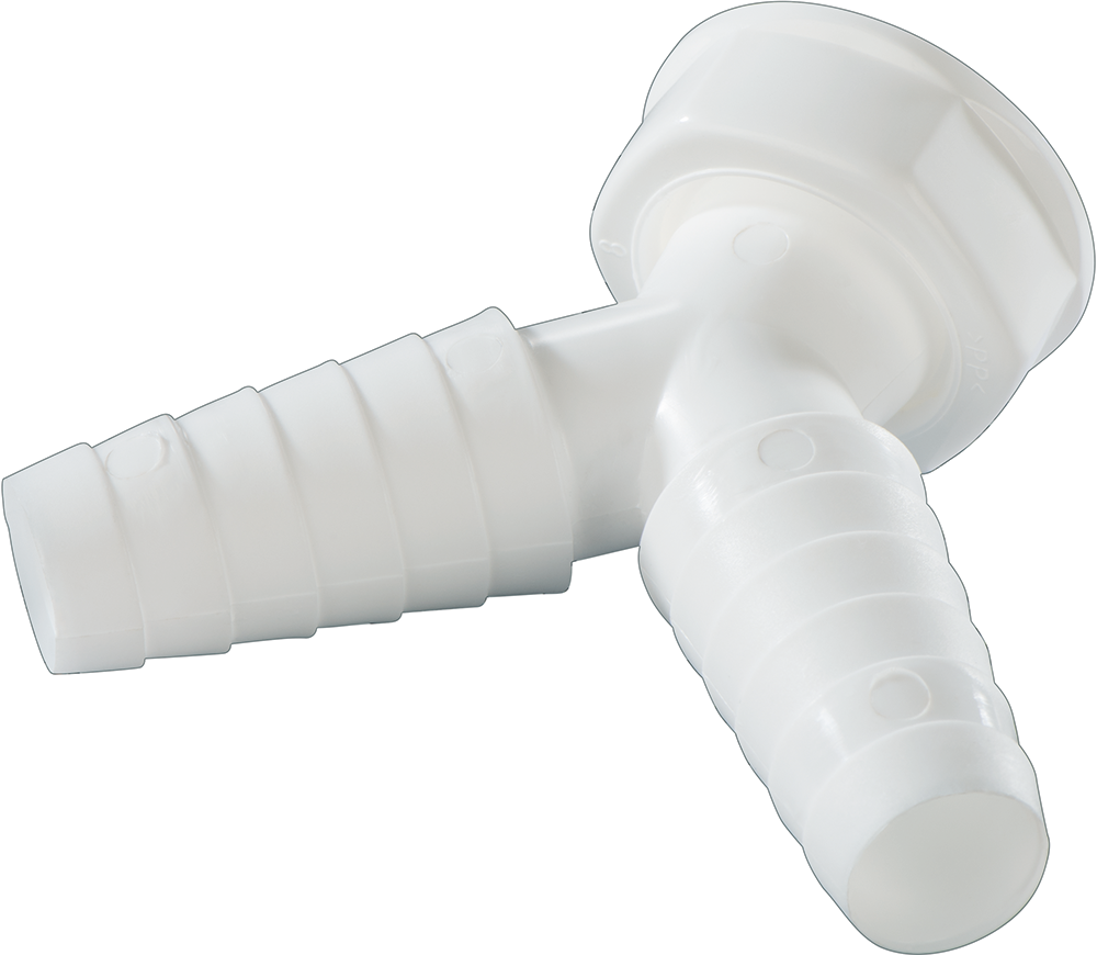 A white plastic T-connector, for plumbing. It has ribbed connections and a threaded side.