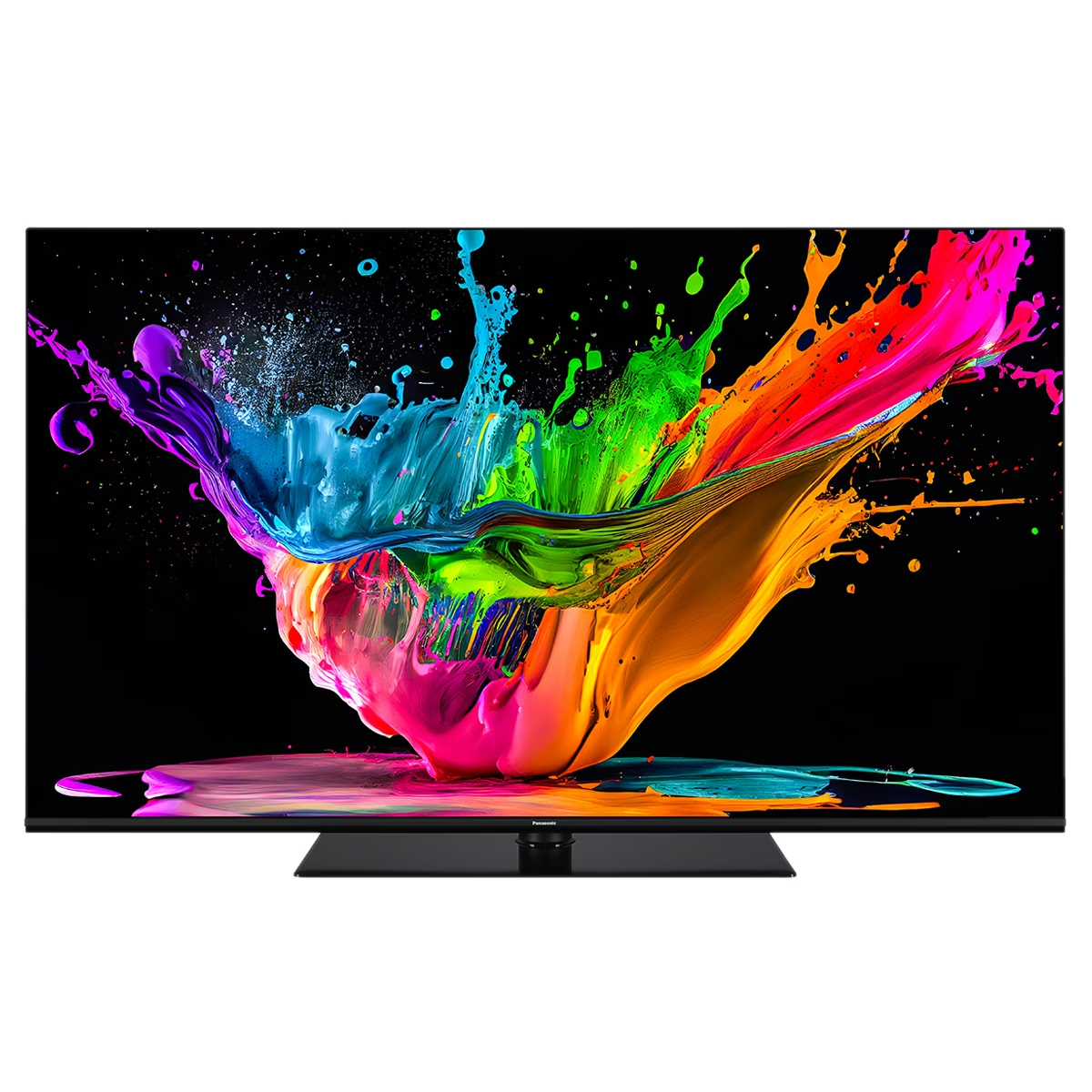 Pantalla de TV con arte splash colorido, principalmente rosa, azul y verde, sobre fondo negro.