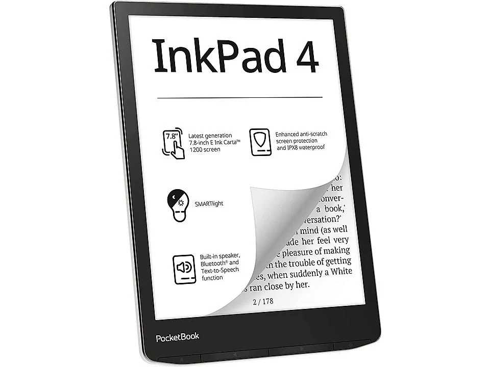 Se muestra un lector de libros electrónicos InkPad 4 negro. Tiene una pantalla que muestra texto y un icono de curvatura de página.