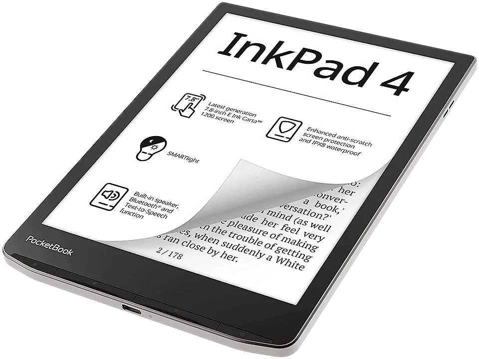Lector de libros electrónicos en blanco y negro, InkPad 4, con texto y gráficos en pantalla y una página despegada.