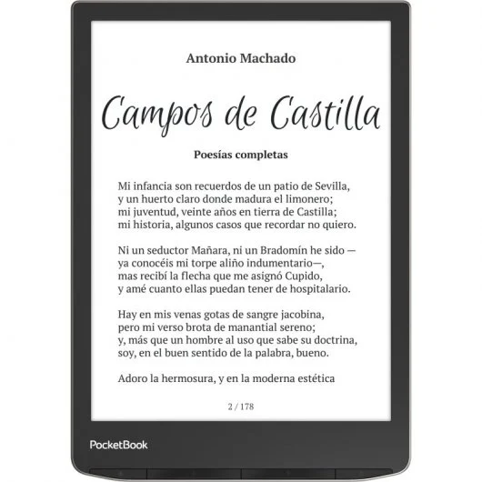 Lector electrónico mostrando texto. Dispositivo negro con pantalla blanca y contenido de un libro.