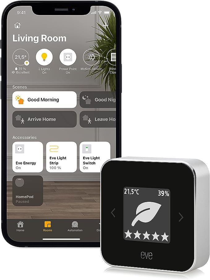 Sensor de calidad del aire - Eve Room, Compatible con IOS, Calidad del aire, temperatura y humedad, Negro y Gris