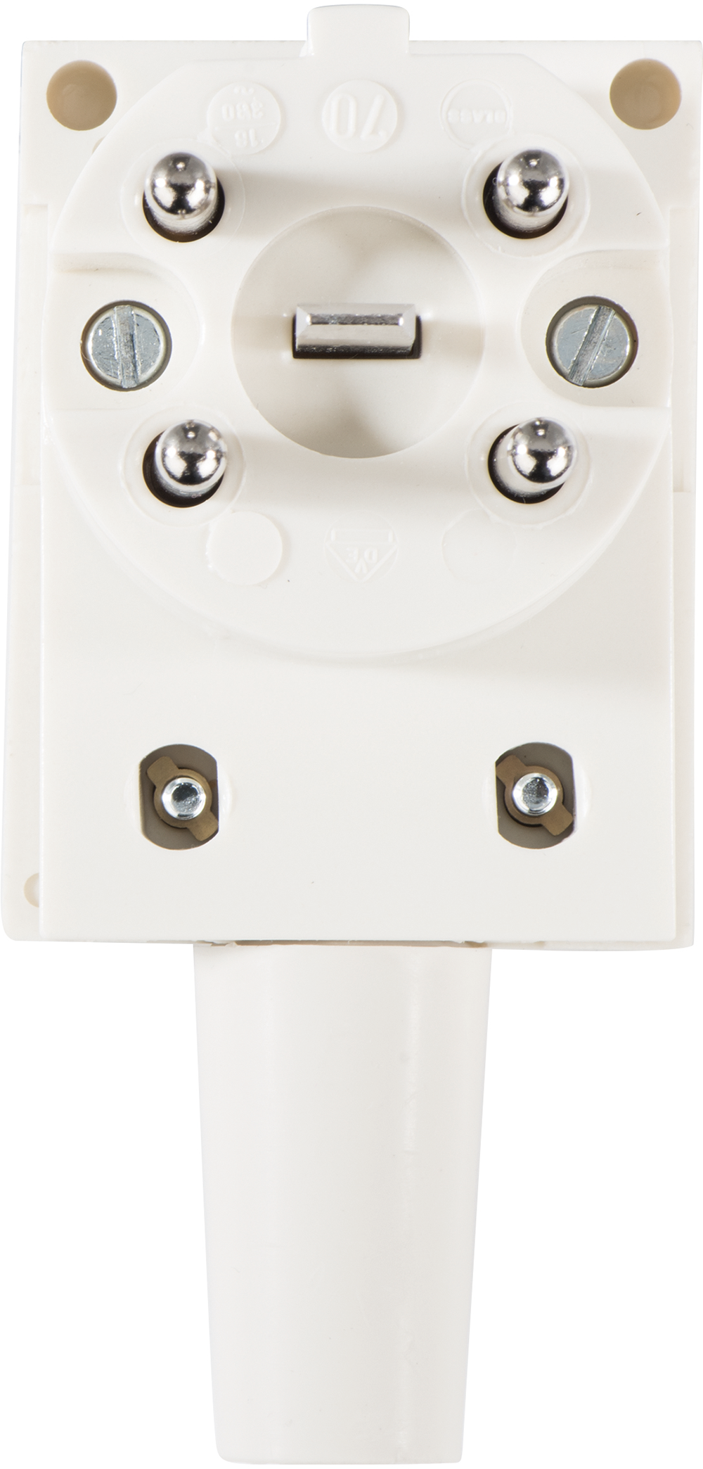 Witte elektrische connector met vijf metalen pinnen en twee schroefklemmen.