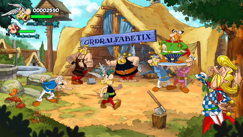 Stripverhaal met Asterix-personages, een hut en een bord met "ORDALFABETIX". Verschillende acties.