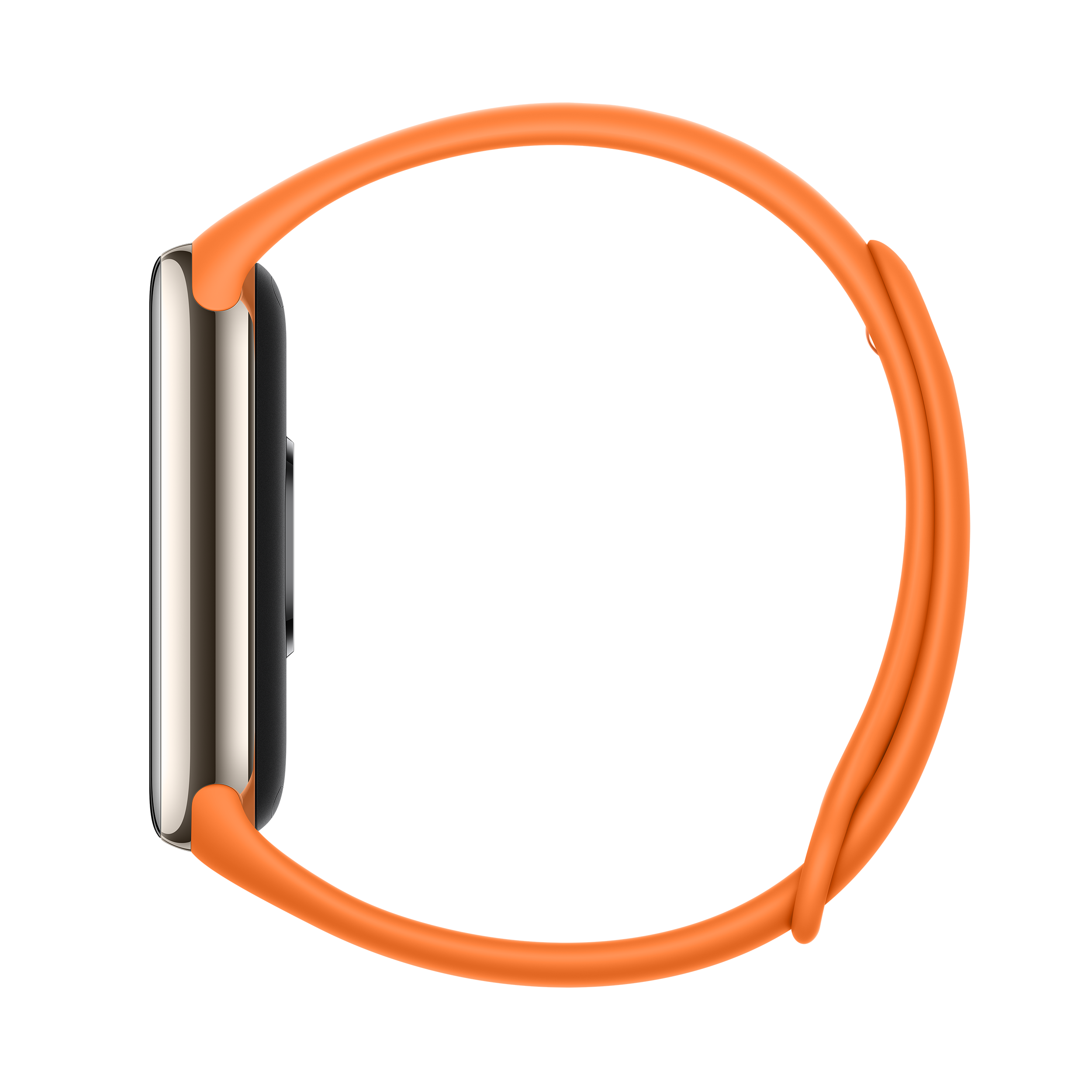 Narancssárga Apple Watch szíj hurok alakban, fekete háttéren.