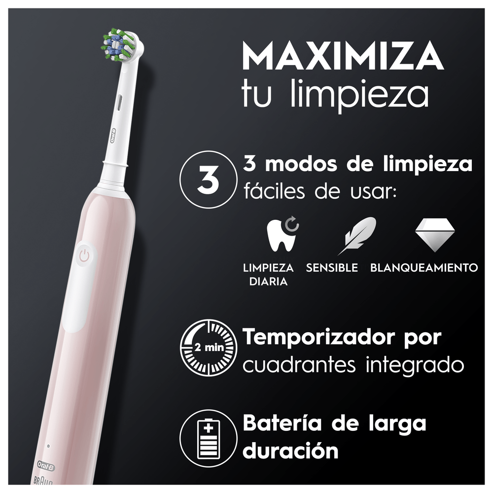 Un cepillo de dientes eléctrico con texto sobre modos de limpieza y batería de larga duración.