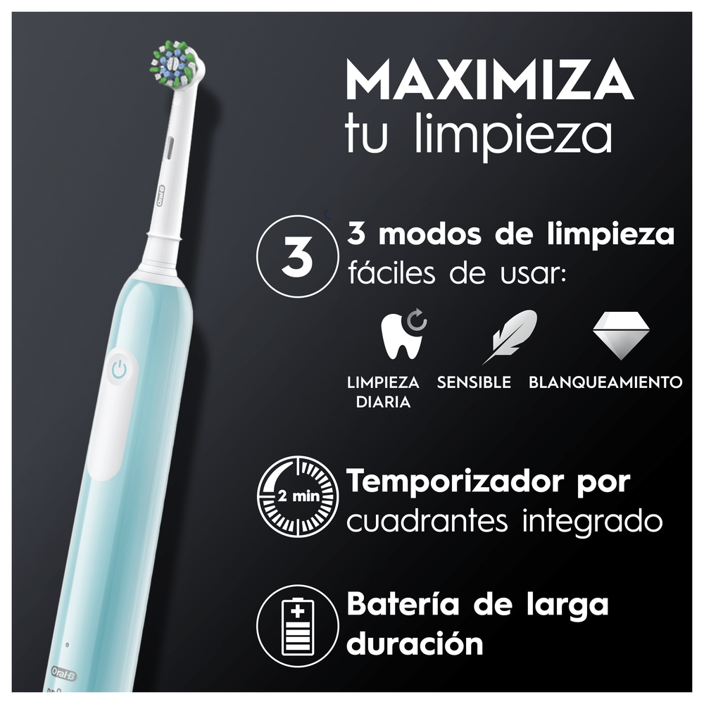Cepillo de dientes eléctrico azul y blanco con cabezales y texto informativo.