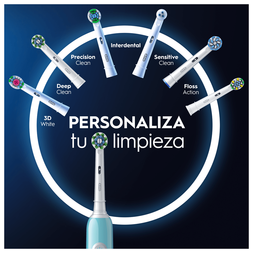 Un cepillo de dientes eléctrico y seis cabezales con diferentes funciones están dispuestos.