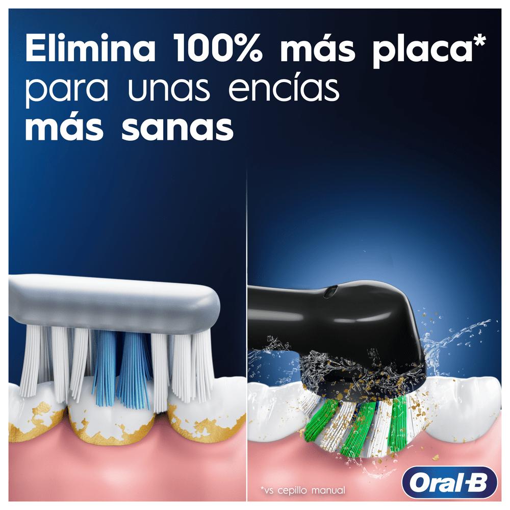 Imagen que muestra un cepillo de dientes limpiando dientes, comparando antes y después. Logo Oral-B.