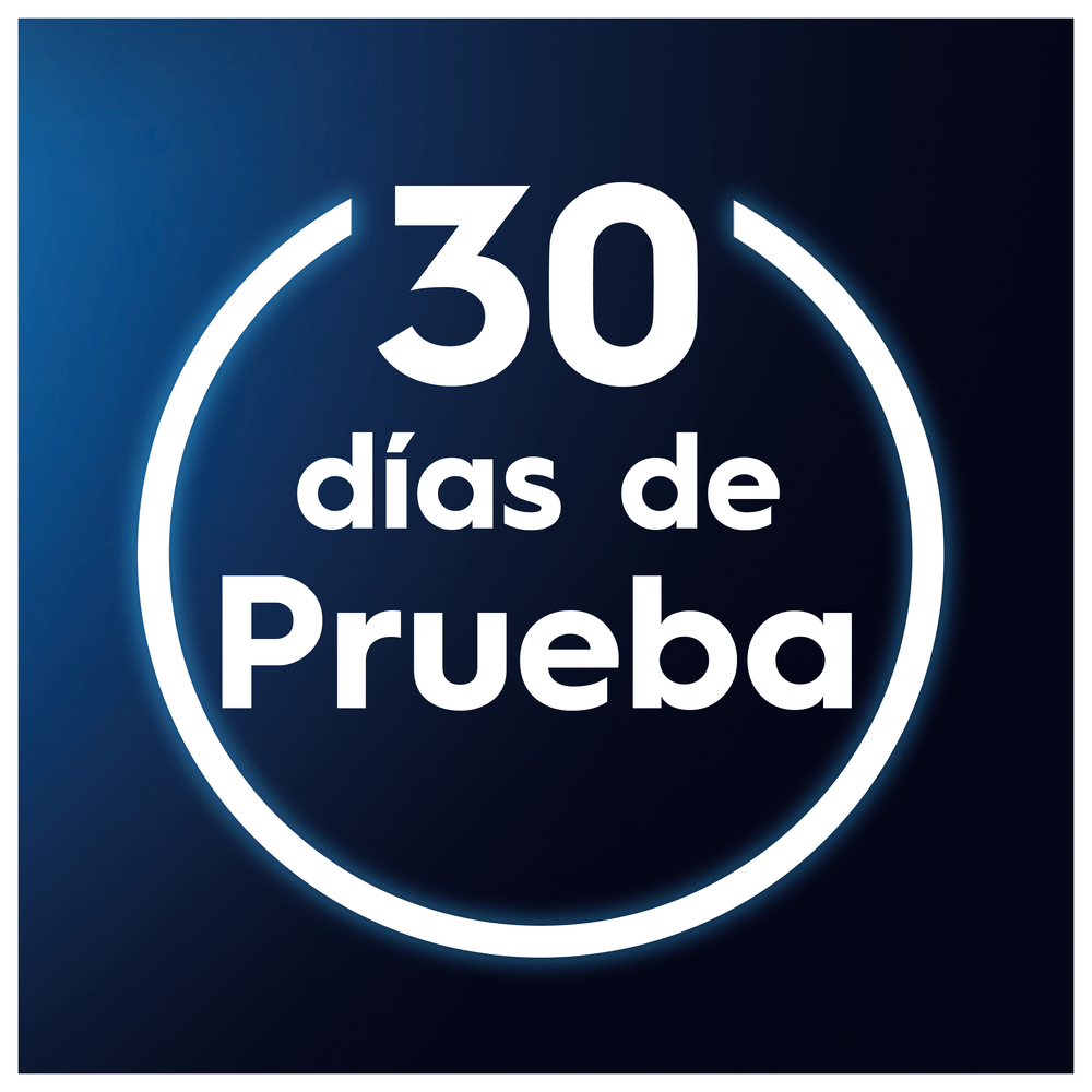 Fondo azul con un círculo blanco, dentro texto blanco '30 días de prueba'.