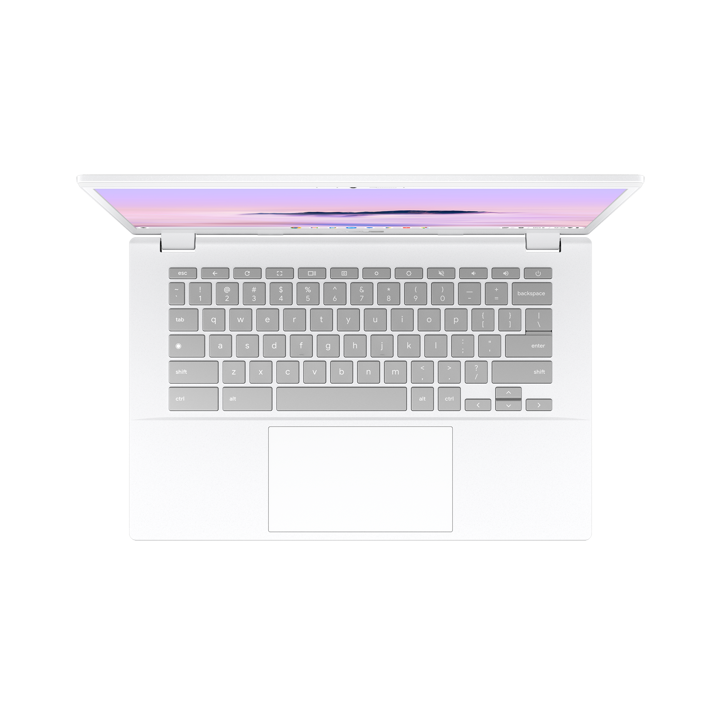 Portátil blanco desde arriba, teclado visible con teclas coloridas y pantalla con tonos rosa y azul.