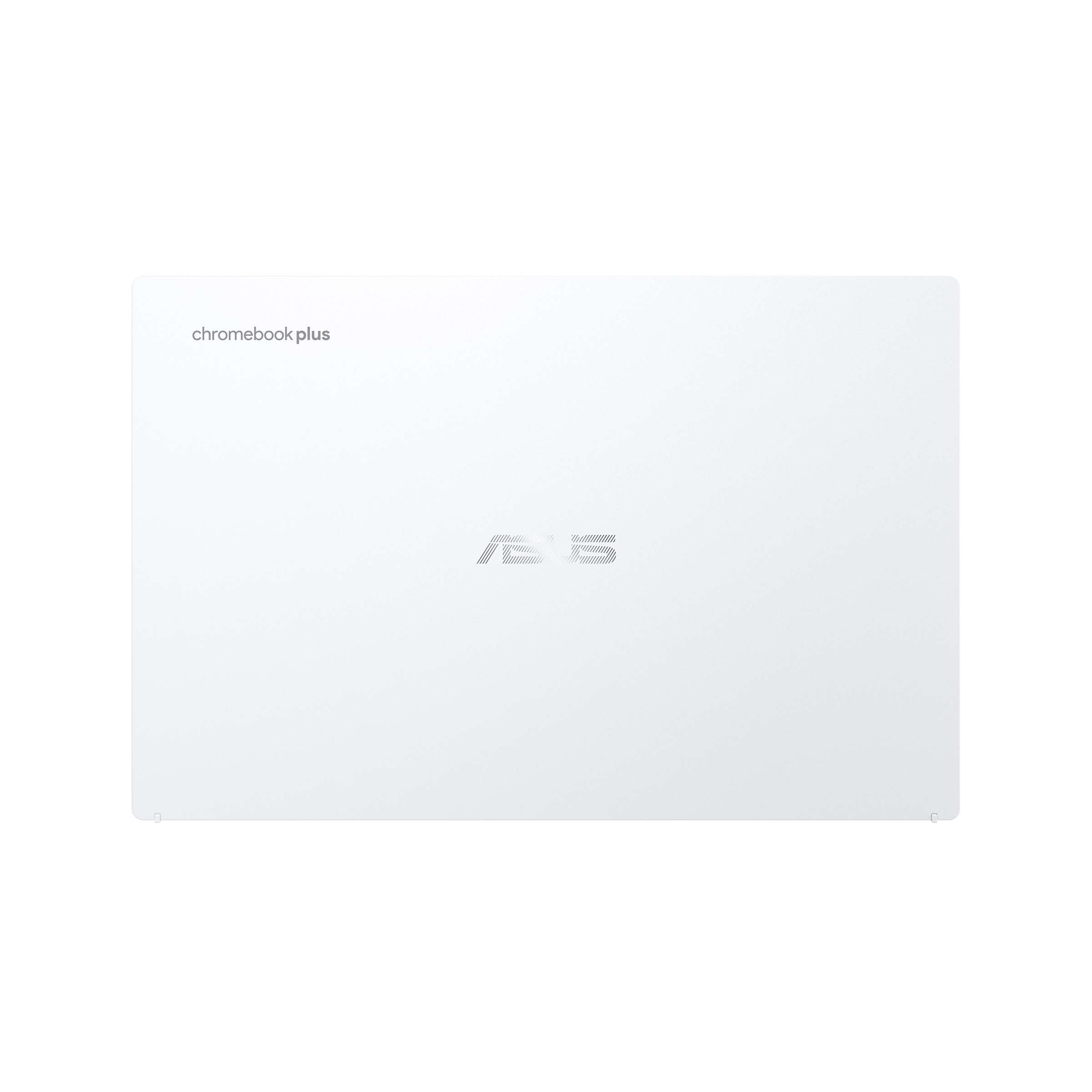 Portátil blanco, cerrado. 'chromebook plus' arriba, logotipo 'ASUS' en el centro.