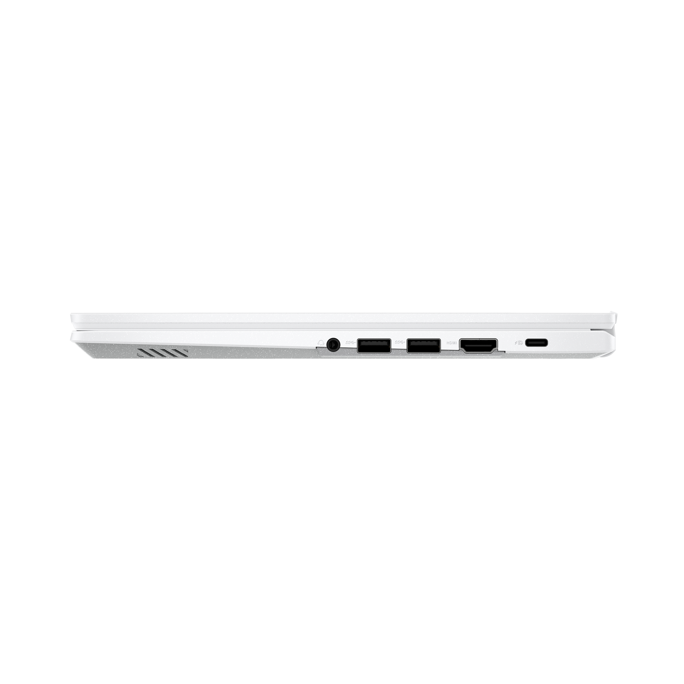 Un portátil muestra puertos en el lateral, con cuerpo blanco y fondo negro.