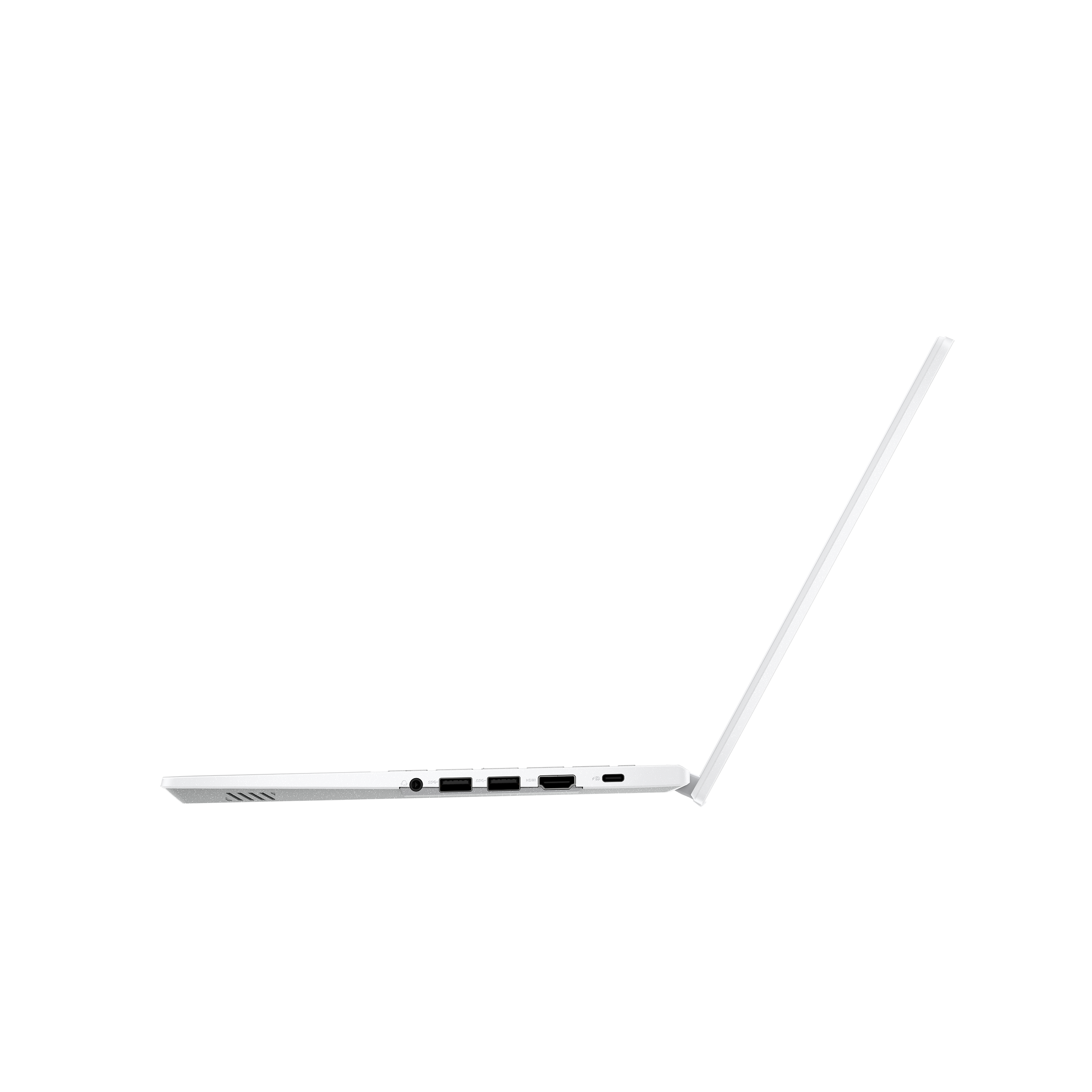 Laptop blanco, vista lateral. Pantalla abierta. Puertos visibles. Fondo negro.