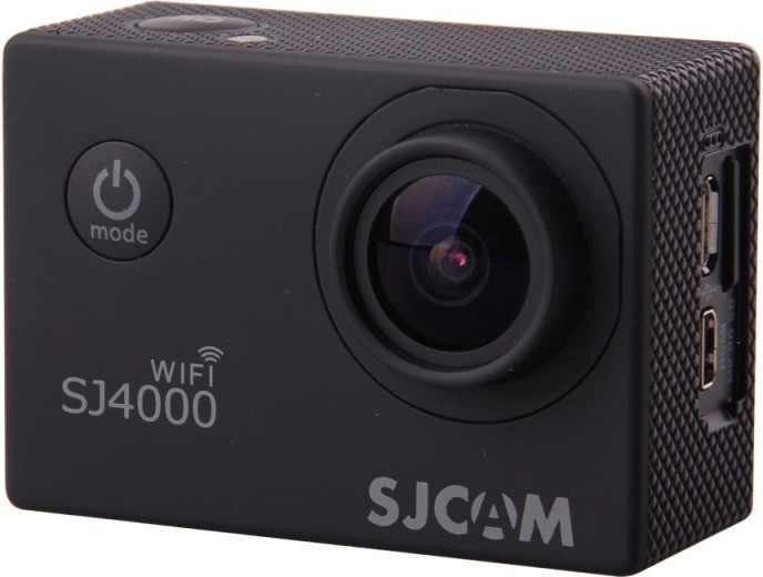 Fekete akciókamera, lencsével és gombokkal. A szöveg WIFI SJ4000 és SJCAM.