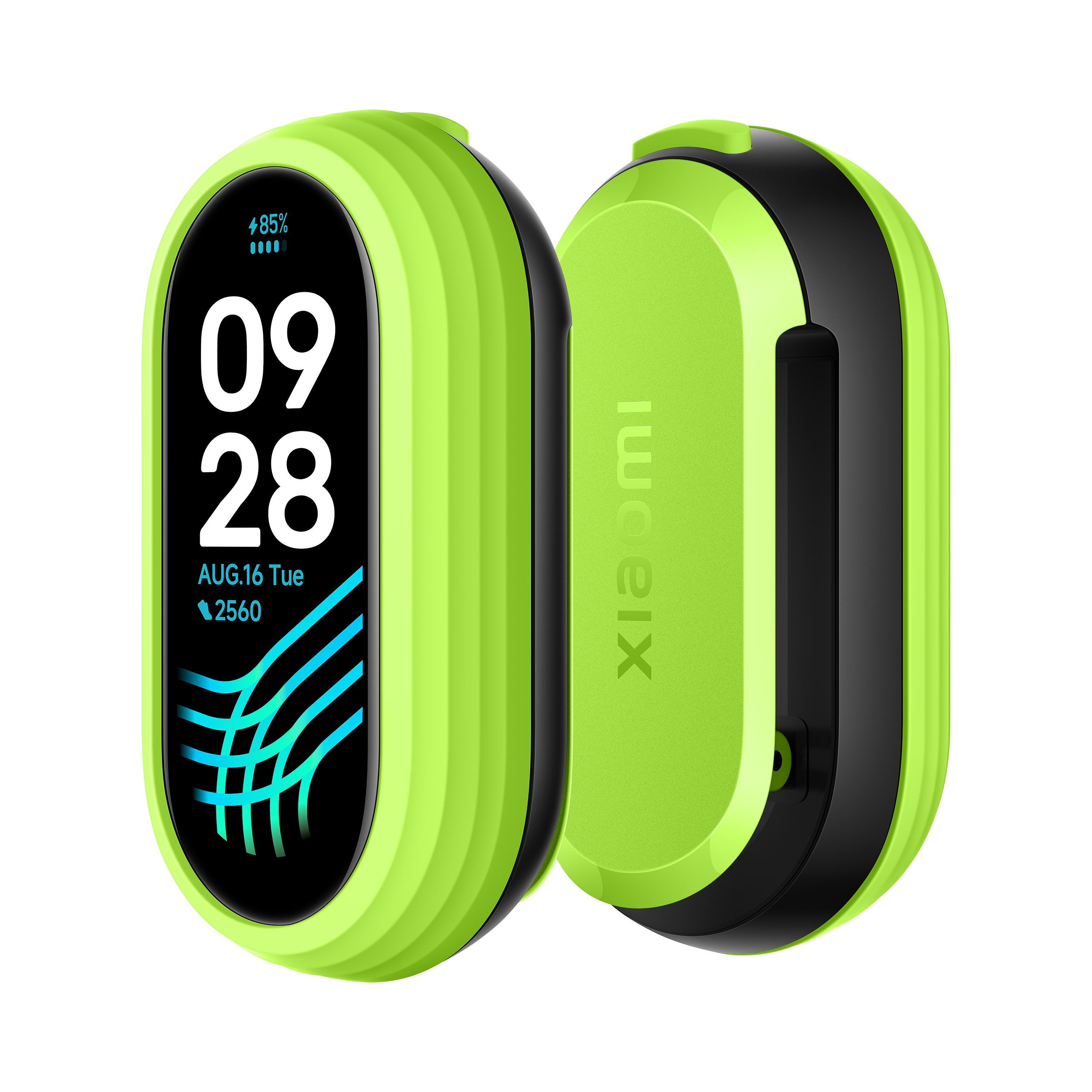 Grüne und schwarze Smartwatch. Sie hat eine digitale Anzeige mit Datum und Uhrzeit. Das Xiaomi-Logo ist seitlich.