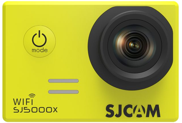 Sárga akciókamera fekete lencsével, gombokkal és az SJCAM márkával.