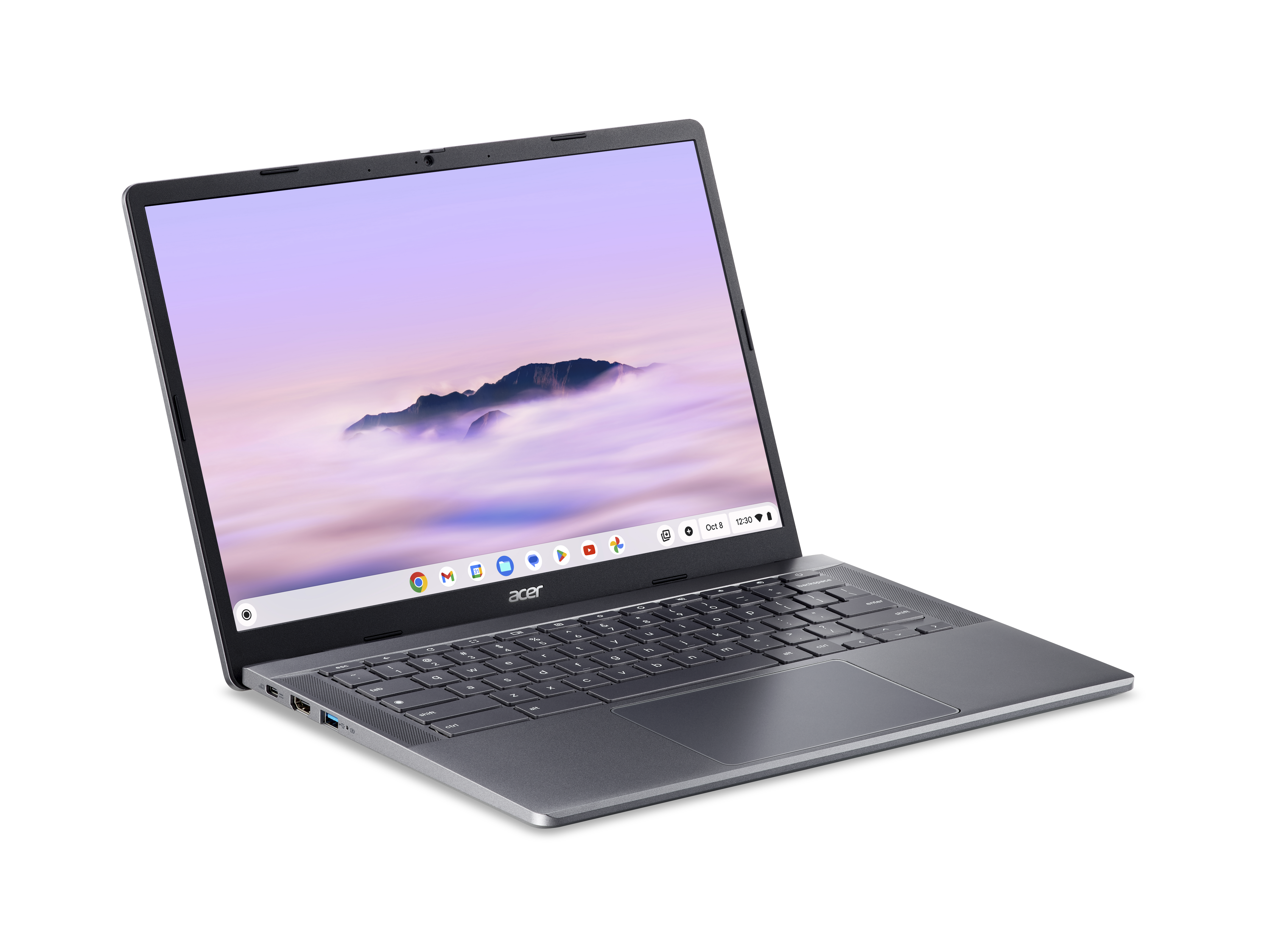 Portátil Acer, abierto, con pantalla que muestra un cielo púrpura e iconos.