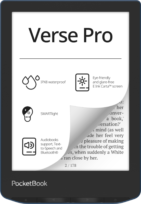 Lector de libros electrónicos PocketBook Verse Pro mostrando texto e iconos.